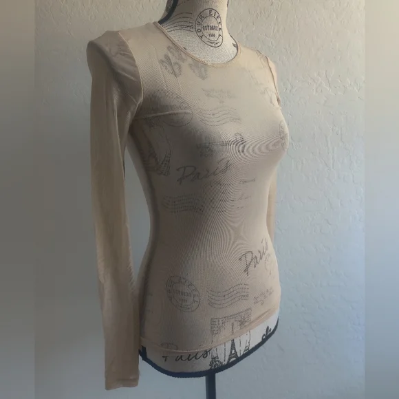 Forever 21 Nude Beige Mesh Sheer Long-Sleeve Scoop Neck Top Festival Grunge_smal - Picture 4 of 9